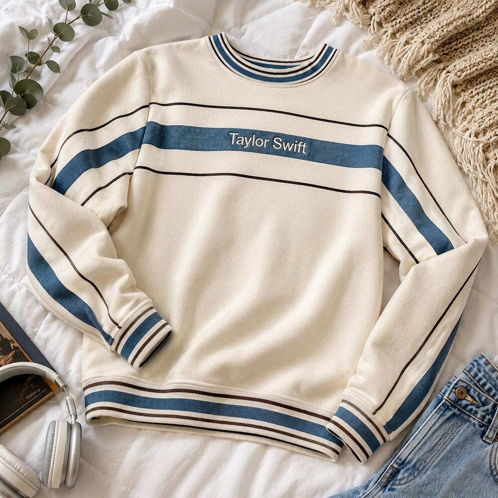 Taylor Swift Midnights Striped Crewneck Sweatshirt Cream Blue Size Small